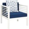 SAFAVIEH Outdoor Collection Alda Grey Wash/ White Cushions/ Light Blue Pillows 4-Piece Conversation Patio Set(White / Navy + Trellis Pillow)