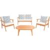 SAFAVIEH Outdoor Collection Deacon Natural Acacia Wood/Beige Cushion 4-Piece Conversation Patio Set with Accent Pillows(Beige/Blue)