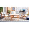 SAFAVIEH Outdoor Collection Deacon Natural Acacia Wood/Beige Cushion 4-Piece Conversation Patio Set with Accent Pillows(Beige/Blue)