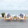 SAFAVIEH Outdoor Collection Deacon Natural Acacia Wood/Beige Cushion 4-Piece Conversation Patio Set with Accent Pillows(Beige/Navy)