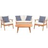 SAFAVIEH Outdoor Collection Deacon Natural Acacia Wood/Beige Cushion 4-Piece Conversation Patio Set with Accent Pillows(Beige/Navy)