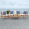 SAFAVIEH Outdoor Collection Deacon Natural Acacia Wood/Beige Cushion 4-Piece Conversation Patio Set with Accent Pillows(Beige/Navy)