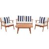 SAFAVIEH Outdoor Collection Deacon Natural Acacia Wood/Beige Cushion 4-Piece Conversation Patio Set with Accent Pillows(Natural/Beige Thick Stripe)