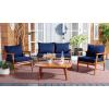 SAFAVIEH Outdoor Collection Deacon Natural Acacia Wood/Beige Cushion 4-Piece Conversation Patio Set with Accent Pillows(Natural/Navy)