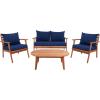 SAFAVIEH Outdoor Collection Deacon Natural Acacia Wood/Beige Cushion 4-Piece Conversation Patio Set with Accent Pillows(Natural/Navy)
