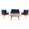SAFAVIEH Outdoor Collection Deacon Natural Acacia Wood/Beige Cushion 4-Piece Conversation Patio Set with Accent Pillows(Natural/Navy)