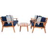SAFAVIEH Outdoor Collection Deacon Natural Acacia Wood/Beige Cushion 4-Piece Conversation Patio Set with Accent Pillows(Navy/Natural)