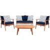 SAFAVIEH Outdoor Collection Deacon Natural Acacia Wood/Beige Cushion 4-Piece Conversation Patio Set with Accent Pillows(Navy/Natural)