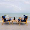 SAFAVIEH Outdoor Collection Deacon Natural Acacia Wood/Beige Cushion 4-Piece Conversation Patio Set with Accent Pillows(Navy/Natural)