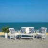 SAFAVIEH Outdoor Collection Fontana Natural/Aqua Cushion 4-Piece Conversation Patio Set(Grey /Beige Stripe)