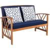 SAFAVIEH Outdoor Collection Fontana Natural/Aqua Cushion 4-Piece Conversation Patio Set(Natural/Navy Geometric)