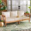 SAFAVIEH Outdoor Collection Owen Natural Teak Solid Wood/Taupe Cushion 3-Seater Sofa