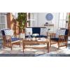 SAFAVIEH Outdoor Collection Rocklin Natural/ Green Cushion 4-Piece Conversation Patio Set(Natural/Navyblue)