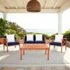 Safavieh PAT7031A Collection Nunzio Teak and White and Navy 4 Pc Accent Pillows Outdoor Set(Natural / Navy + Solid Pillow)