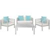 SAFAVIEH Outdoor Collection Alda Grey Wash/ White Cushions/ Light Blue Pillows 4-Piece Conversation Patio Set(Grey / Beige + Solid Pillow)