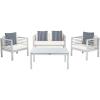 SAFAVIEH Outdoor Collection Alda Grey Wash/ White Cushions/ Light Blue Pillows 4-Piece Conversation Patio Set(Grey / Beige + Thin Stripe P)
