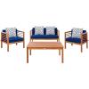 SAFAVIEH Outdoor Collection Alda Grey Wash/ White Cushions/ Light Blue Pillows 4-Piece Conversation Patio Set(Natural / Navy + Trellis P)