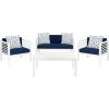 SAFAVIEH Outdoor Collection Alda Grey Wash/ White Cushions/ Light Blue Pillows 4-Piece Conversation Patio Set(White / Navy + Trellis Pillow)