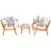 SAFAVIEH Outdoor Collection Deacon Natural Acacia Wood/Beige Cushion 4-Piece Conversation Patio Set with Accent Pillows(Beige/Blue)