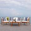 SAFAVIEH Outdoor Collection Deacon Natural Acacia Wood/Beige Cushion 4-Piece Conversation Patio Set with Accent Pillows(Natural/Beige Thick Stripe)