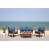 SAFAVIEH Outdoor Collection Deacon Natural Acacia Wood/Beige Cushion 4-Piece Conversation Patio Set with Accent Pillows(Natural/Navy)