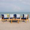 SAFAVIEH Outdoor Collection Deacon Natural Acacia Wood/Beige Cushion 4-Piece Conversation Patio Set with Accent Pillows(Navy/Natural)