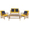 SAFAVIEH Outdoor Collection Fontana Natural/Aqua Cushion 4-Piece Conversation Patio Set(Natural/Yellow)