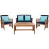 SAFAVIEH Outdoor Collection Rocklin Natural/ Green Cushion 4-Piece Conversation Patio Set(Natural/Navy/Lightblue)