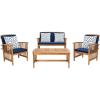 SAFAVIEH Outdoor Collection Rocklin Natural/ Green Cushion 4-Piece Conversation Patio Set(Natural/Navyblue)
