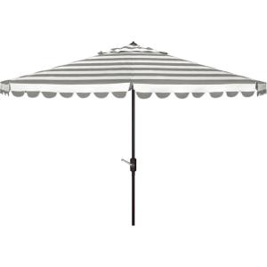 SAFAVIEH 11ft Outdoor Patio Umbrella, Round, Vienna Collection, Black & White Stripe, Crank, Button Tilt, UV Resistant for Deck, Backyard, Poolside (PAT8111D)(Grey/White)