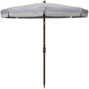 SAFAVIEH 6.5ft Outdoor Patio Umbrella, Round, Copen Collection, White & Light Blue Stripe, Fringe Trim, Button Tilt, UV Resistant for Deck, Backyard, Poolside (PAT8501C)(White / Navy)