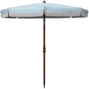 SAFAVIEH 6.5ft Outdoor Patio Umbrella, Round, Copen Collection, White & Light Blue Stripe, Fringe Trim, Button Tilt, UV Resistant for Deck, Backyard, Poolside (PAT8501C)(White / Blue)
