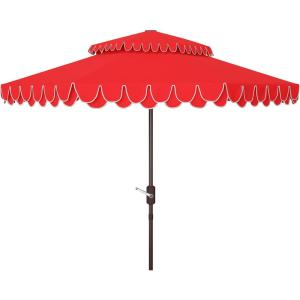 SAFAVIEH 9ft Outdoor Patio Umbrella, Double Top, Valance, Beige & White Trim, Double Top, Auto Crank Tilt, UV Resistant for Deck, Backyard, Poolside (PAT8206C)(Red)