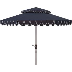 SAFAVIEH 9ft Outdoor Patio Umbrella, Double Top, Valance, Beige & White Trim, Double Top, Auto Crank Tilt, UV Resistant for Deck, Backyard, Poolside (PAT8206C)(Navy/White)