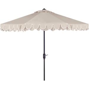 SAFAVIEH 9ft Outdoor Patio Umbrella, Round, Valance, Navy & White Trim, Auto Crank Tilt, UV Resistant for Deck, Backyard, Poolside (PAT8006A)(Beige/White)