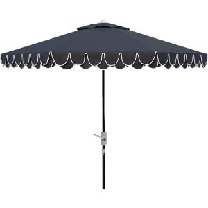 SAFAVIEH 9ft Outdoor Patio Umbrella, Round, Valance, Navy & White Trim, Auto Crank Tilt, UV Resistant for Deck, Backyard, Poolside (PAT8006A)(Navy/White)