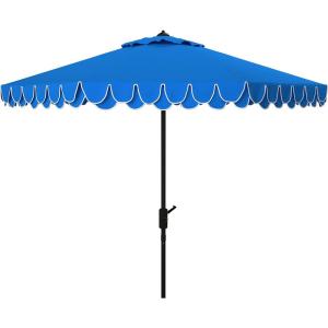 SAFAVIEH 9ft Outdoor Patio Umbrella, Round, Valance, Navy & White Trim, Auto Crank Tilt, UV Resistant for Deck, Backyard, Poolside (PAT8006A)(Pacific)