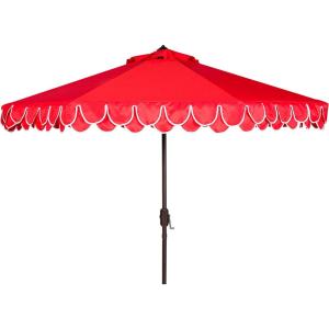 SAFAVIEH 9ft Outdoor Patio Umbrella, Round, Valance, Navy & White Trim, Auto Crank Tilt, UV Resistant for Deck, Backyard, Poolside (PAT8006A)(Red/White)