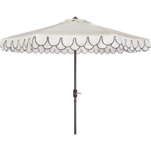 SAFAVIEH 9ft Outdoor Patio Umbrella, Round, Valance, Navy & White Trim, Auto Crank Tilt, UV Resistant for Deck, Backyard, Poolside (PAT8006A)(White/Black)