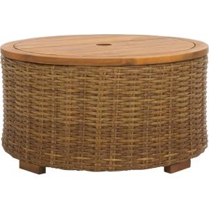SAFAVIEH Couture Collection – Anguilla Faux Wicker Indoor/Outdoor Storage Coffee Table, Fully Assembled, Natural Brown Patio Accent Table with Removable Wood Top (CPT2103A)