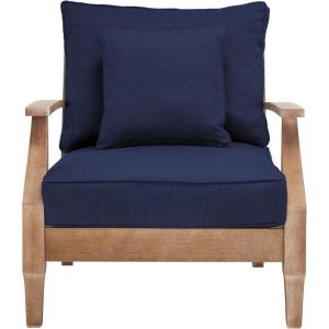 SAFAVIEH Couture Outdoor Collection Martinique Natural/Dark Brown Cushion Solid Wood Patio Arm Chair(Natural/Navy)