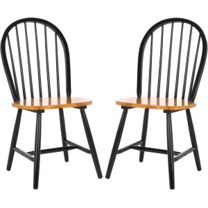 SAFAVIEH Home Collection – Camden Set of 2 Natural & Black Windsor Farmhouse Dining Chairs, Oval Spindle Back Wood Chairs, Americana Style Seating (DCH8501G-SET2)