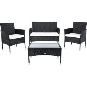 SAFAVIEH Outdoor Collection Abdul Natural/White Cushion 4-Piece Conversation Patio Set PAT7504D(Black/Beige)