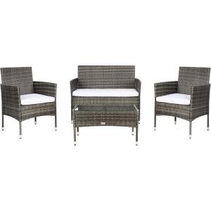 SAFAVIEH Outdoor Collection Abdul Natural/White Cushion 4-Piece Conversation Patio Set PAT7504D(Grey Brown/White)