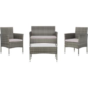 SAFAVIEH Outdoor Collection Abdul Natural/White Cushion 4-Piece Conversation Patio Set PAT7504D(Grey/Grey)