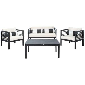 SAFAVIEH Outdoor Collection Alda Grey Wash/ White Cushions/ Light Blue Pillows 4-Piece Conversation Patio Set(Black / Beige + Bolster P)