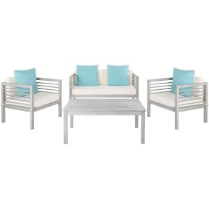 SAFAVIEH Outdoor Collection Alda Grey Wash/ White Cushions/ Light Blue Pillows 4-Piece Conversation Patio Set(Grey / Beige + Solid Pillow)