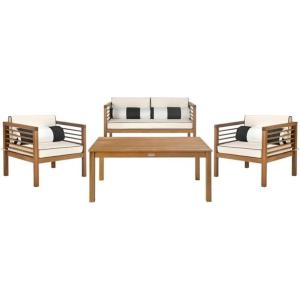 SAFAVIEH Outdoor Collection Alda Grey Wash/ White Cushions/ Light Blue Pillows 4-Piece Conversation Patio Set(Natural / Beige + Bolster P)