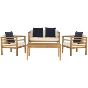 SAFAVIEH Outdoor Collection Alda Grey Wash/ White Cushions/ Light Blue Pillows 4-Piece Conversation Patio Set(Natural / Beige + Solid Pillow)