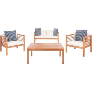 SAFAVIEH Outdoor Collection Alda Grey Wash/ White Cushions/ Light Blue Pillows 4-Piece Conversation Patio Set(Natural / Beige + Thin Stripe P)